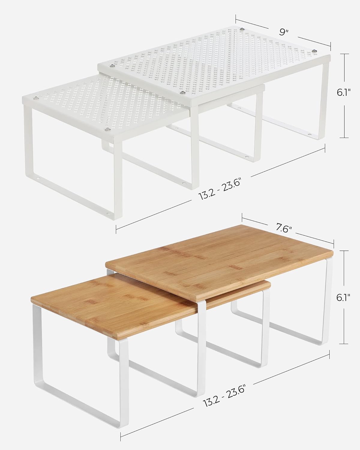 SONGMICS Expandable Spice Racks Bundle, Set of 4 Metal Kitchen Counter Shelves and Set of 4 Metal and Bamboo Spice Racks, Stackable Cabinet Shelf Organizers, White and Natural UKCS006W01 and UKCS010N0