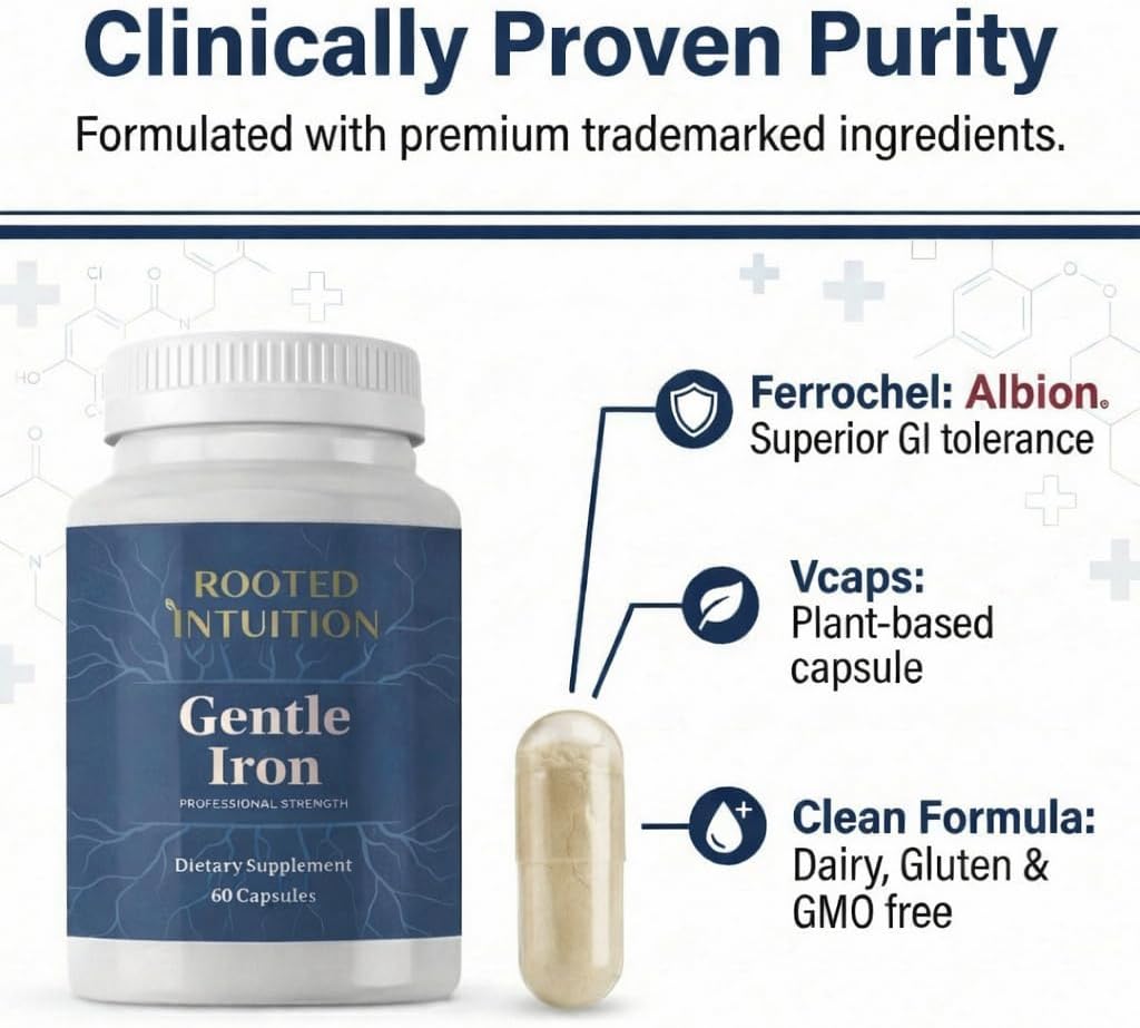 Rooted Ferrochel Iron Bisglycinate 29mg Capsules | Gentle Supplement for Women & Men | Non Constipating Chelated Iron | Ferrous Bisglycinate Chelate | 60 Count