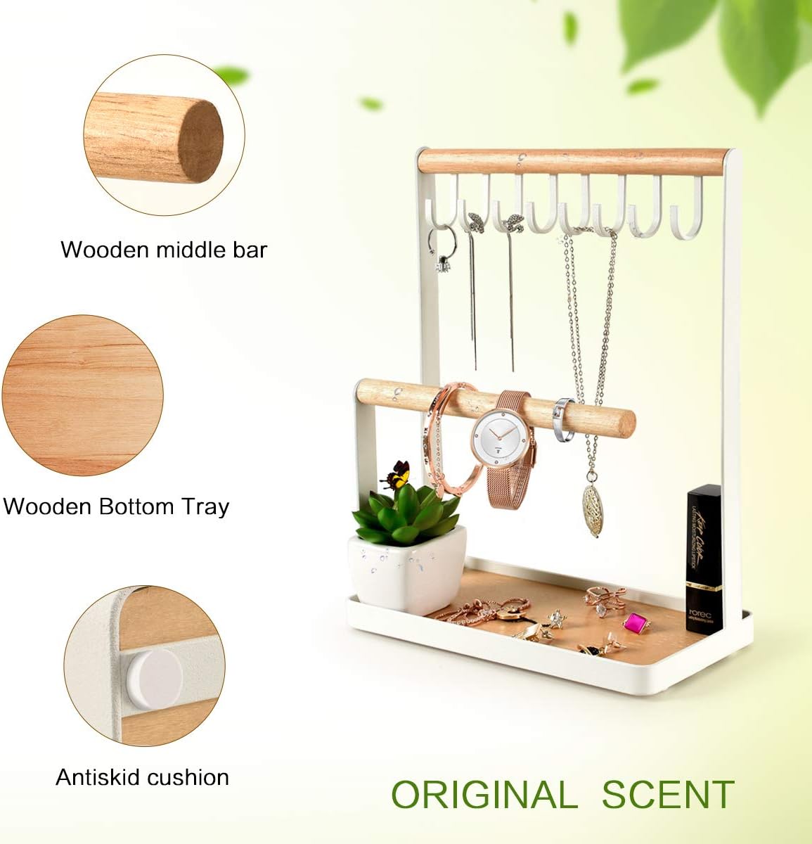 PAMANO Jewelry Stand Holder, 3-Tier Necklace Hanging Wooden Ring Organizer Earring Tray, 8 Hooks Storage Necklaces, Bracelets, Rings and Watches on Desk Tabletop- White : Clothing, Shoes & Jewelry