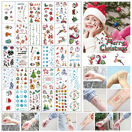 WRBJAIS Christmas Temporary Tattoo , 400 PCS Xmas Waterproof Body Stickers, Face Fake Tattoos Kit, Cute Decorations, Stocking Stuffed Gifts Birthday Party Favor Supplies for Boys Girls Kids Adults(B)