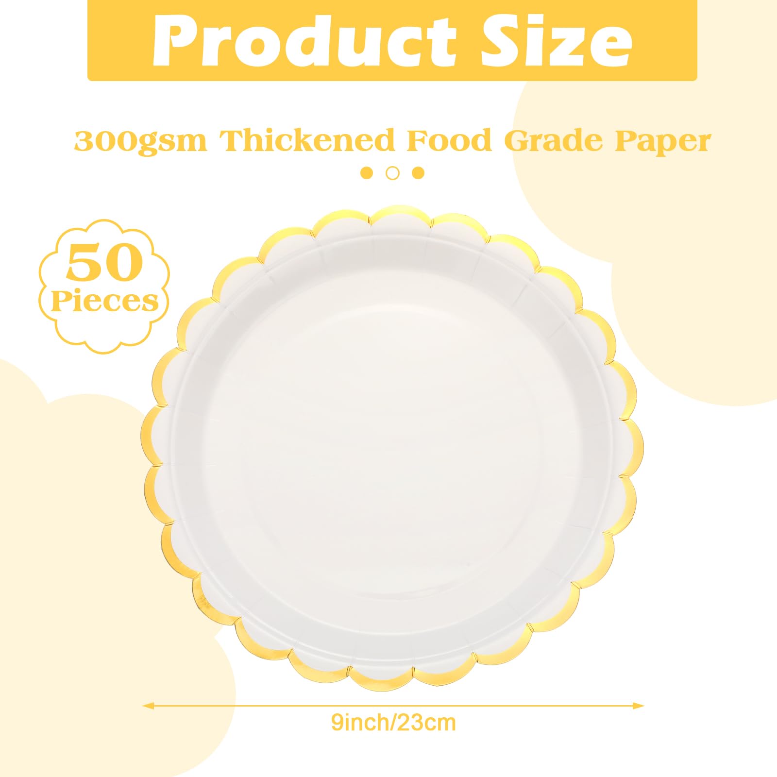 Maxcheck 50 Stück weiße gewellte Pappteller mit Goldfolie, 22,9 cm, Einweg-Pappteller für Kuchen, Dessert, Geburtstag, Babyparty, Hochzeit, Teeparty, Zubehör