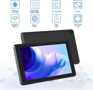Tablet Android 15 Tablets with Case 7 inch, 8GB RAM, 32GB ROM Support 1TB Expand Computer Tablet PC, Quad-Core Processor, IPS Touch Screen, 2+5MP Dual Camera, 3000mah Battery, Wifi Tableta (Black)