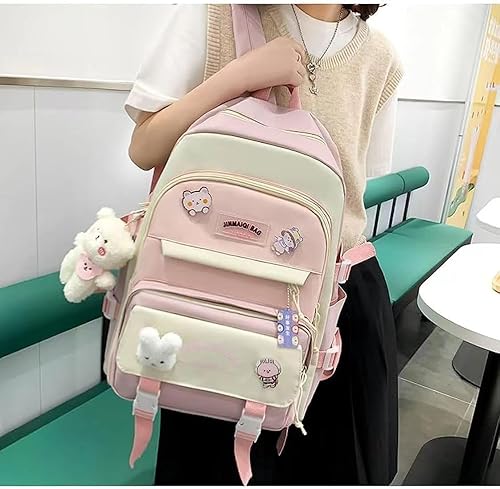 Miniatura 7 de Juego de 5 mochilas estéticas lindas con alfileres y colgante, mochila japonesa kawaii para la universidad para computadora portátil, mochila
