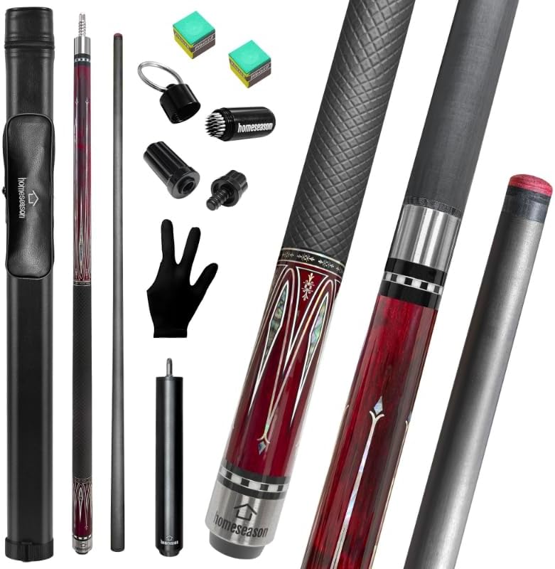 HomeSeason 58" Carbon Fiber Pool Cue Stick with Screw-in Extension and Leather Case,18oz Low Deflection Cue Stick, 3 * 8/8Joint Pin, Billiard Cue Sticks Set（Wine Red