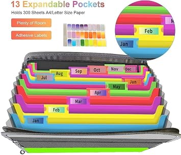 Expanding File Folder, Accordion Document Box File Organiser with 13 Multicolour Pockets and Tabs,A4 Paperwork Filing Folders, Green
