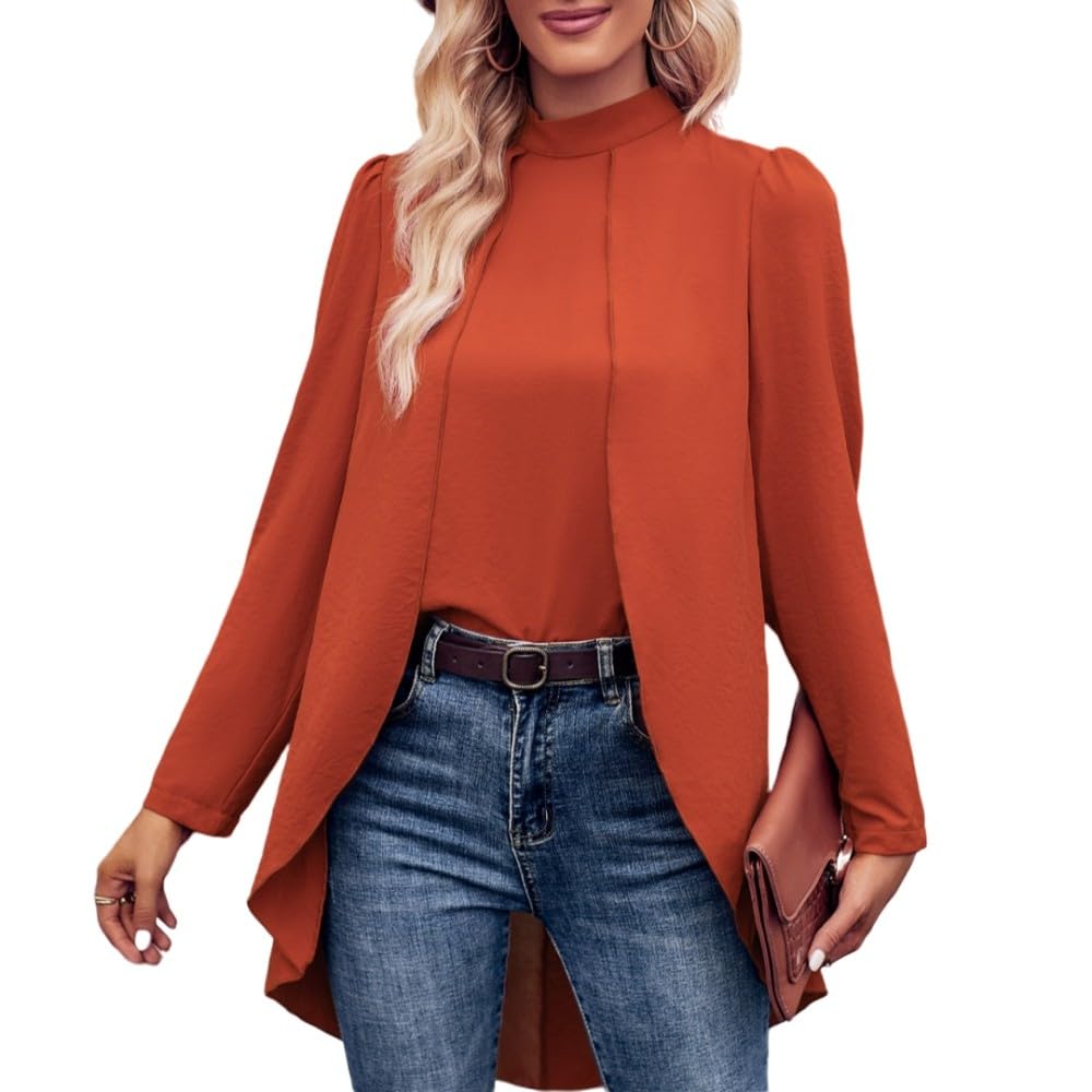 Bluse Damen,Damen Freizeitbluse, Gefälschtes Zwei Pullover Shirt, Blauer Stehkragen, Achselzucken, Hi Lo Saum, Stilvolles Hemd, Lange Ärmel, Elegante Bluse, Blusen Tops Für Arbeit Und Ausgehen