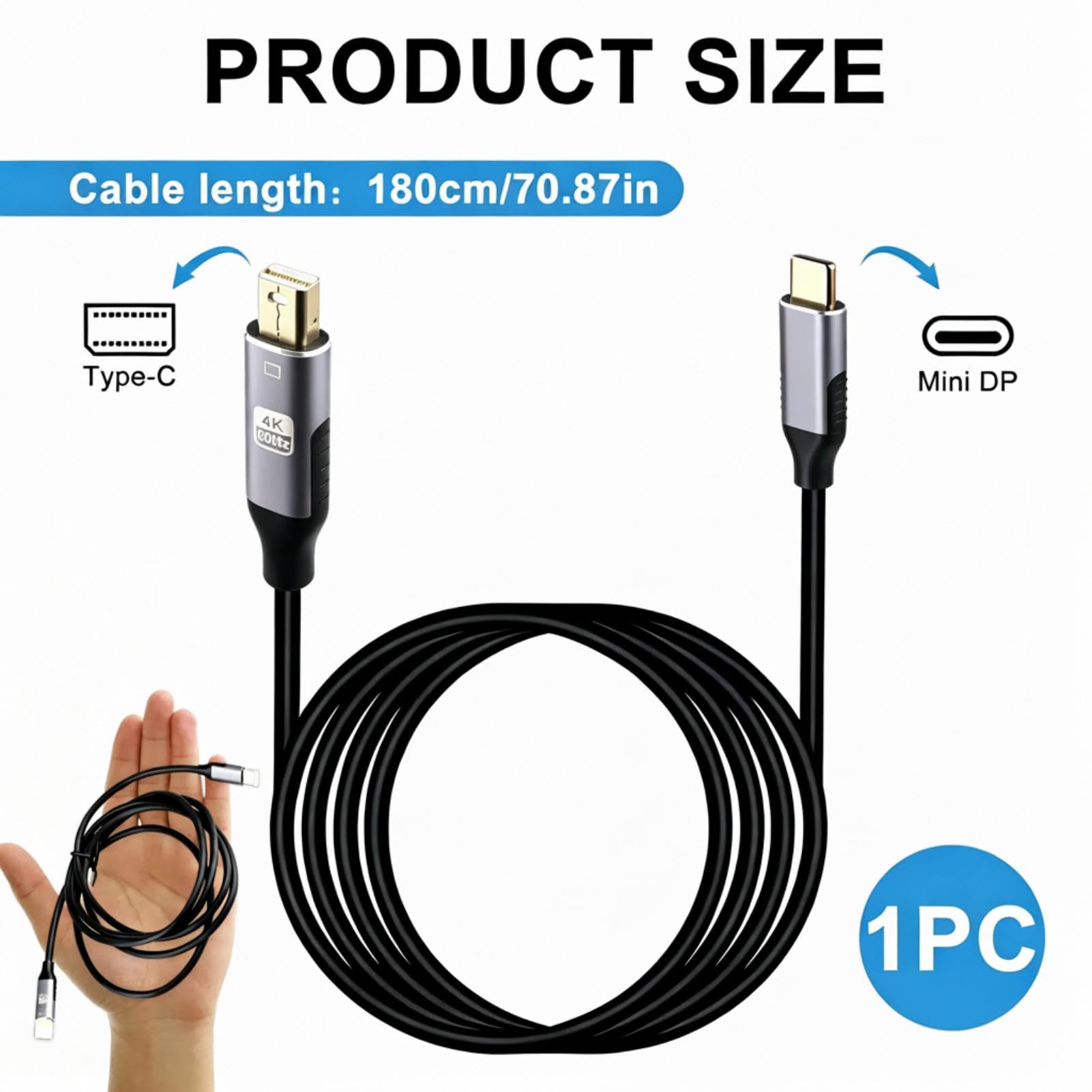 Cable USB C a Mini DisplayPort 1,8 m, 4K 60 Hz HDR, adaptador de vídeo Tipo C a Mini DP unidireccional con DP Alt Mode para MacBook Air Pro iPad Pro Surface Dell XPS