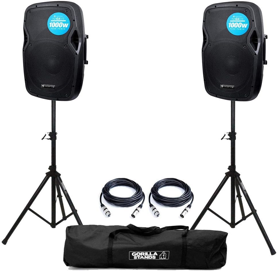 Evolution Audio RZ12A V3 Active 2000W 12" DJ Disco PA Speaker (Pair) with Stands