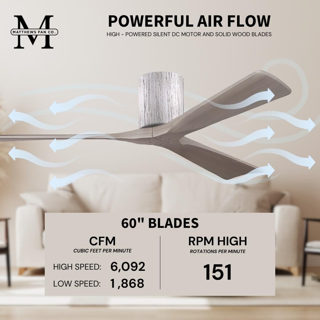 Matthews IR3H-BW-LM-60 Irene Damp Rated Flush Mount 60" Ceiling Fan with Remote & Wall Control, Silent DC Motor, 3 Light Maple Tone Solid Wood Blades, Barn Wood Tone