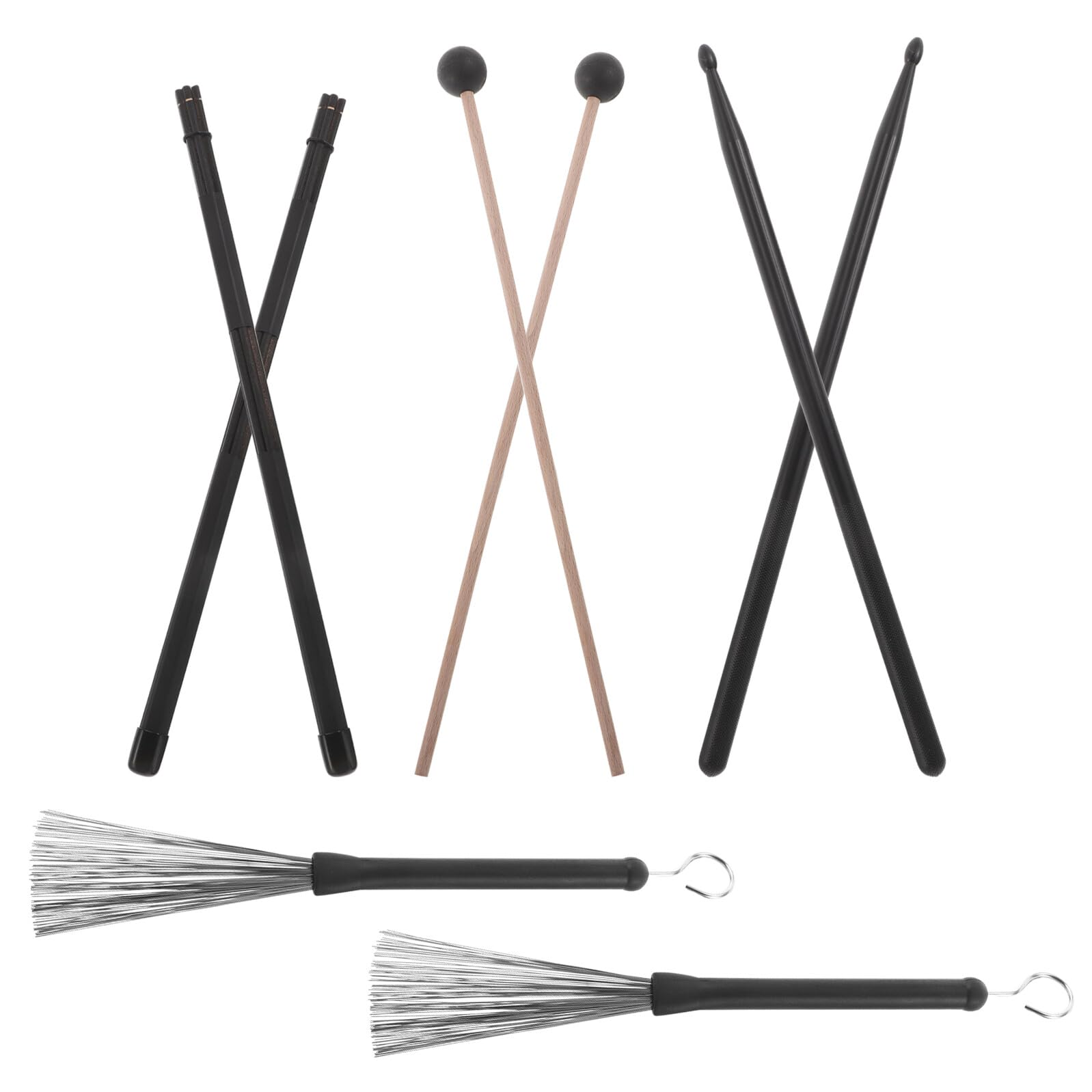 Veemoon Jeu d'Accessoires Batterie 8 Pièces Baguettes à Embouts Nylon Balais en Métal et Nylon Maillets Antidérapants Paquet de Rangement Noir pour Percussion – Kit Complet pour Scène