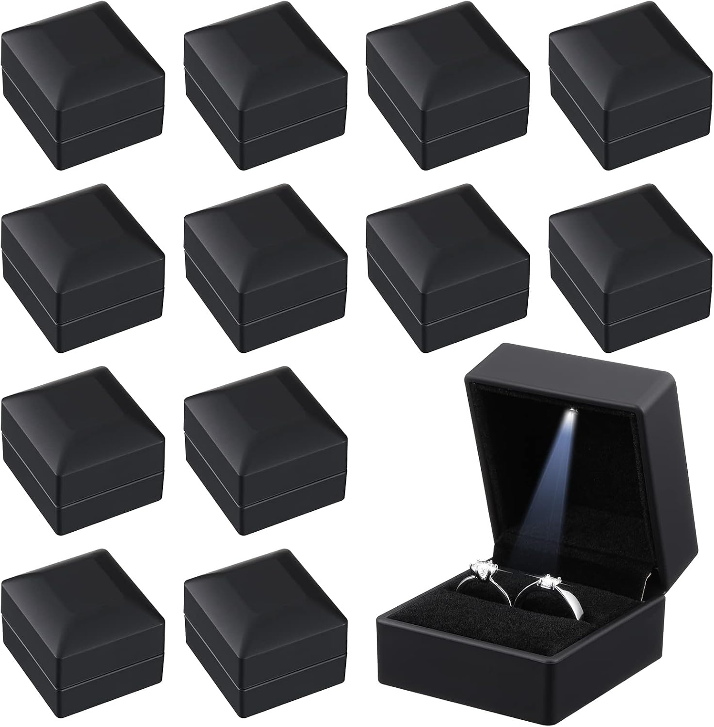 Yinkin 12 Pcs Black Velvet Jewelry Boxes LED Light Display Ring Necklace Bracelet Chain Gift Box Bulk Wedding Proposal Anniversary(Ring Box,Square)