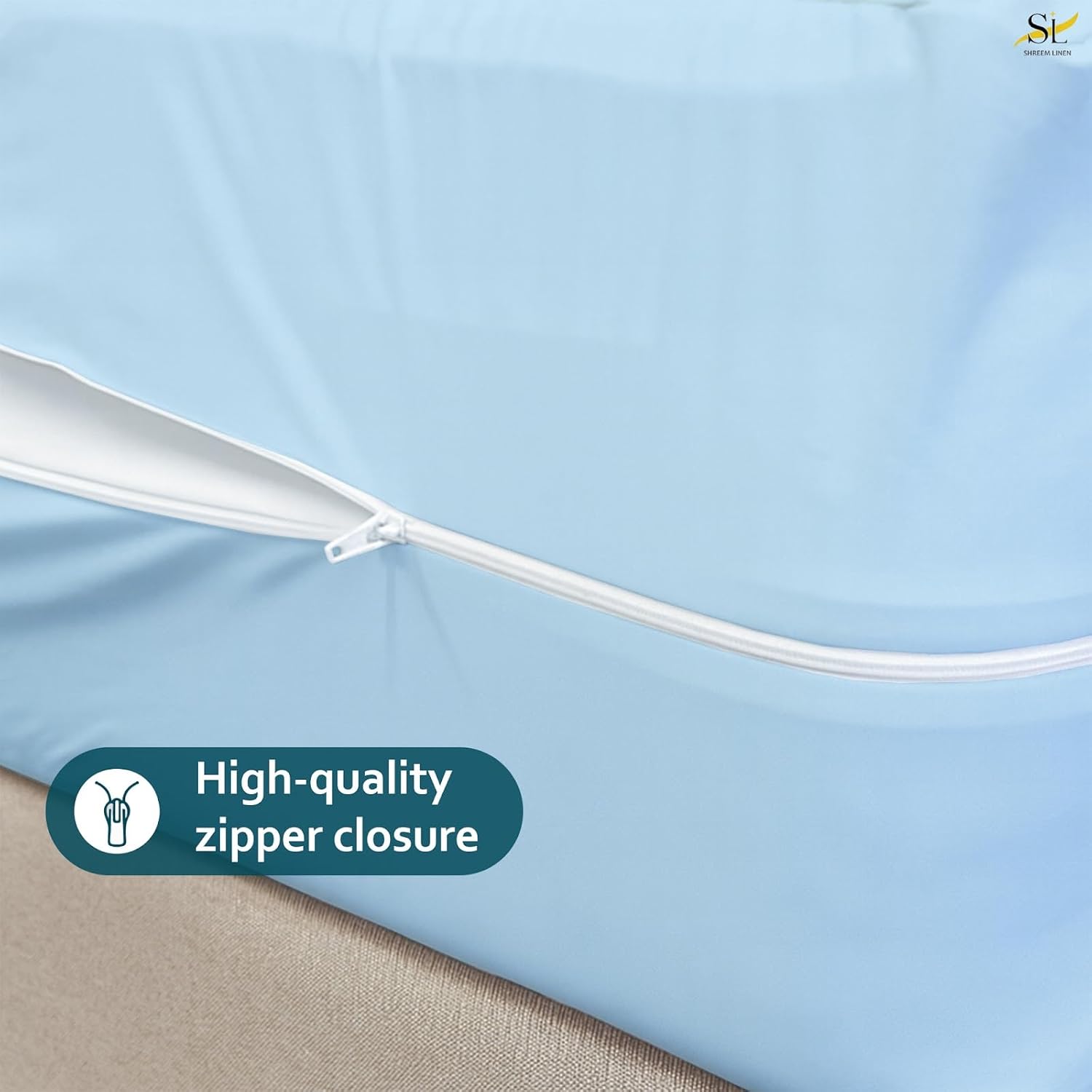 Mattress Protector King Size 100% Waterproof Zippered Cover, 15 Inches Deep, Six-Sided Mattress Encasement for Bed, Zipper Closure Style (Light Blue)