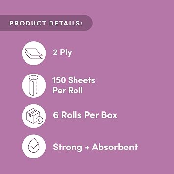 Amazon Aware Bamboo Paper Towels, 6 Rolls, 2 ply, FSC Certified, 150 Sheets, 900 Count, Plastic-Free, Multicolor