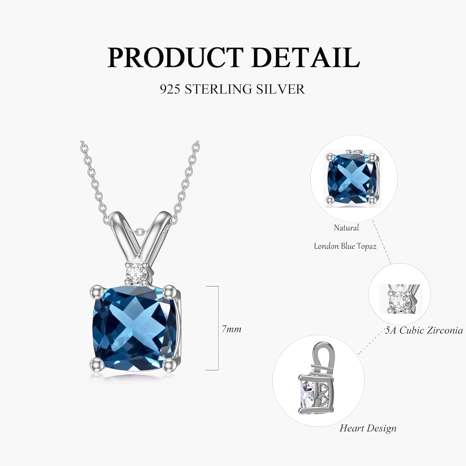 Cushion Cut Gemstone Pendant Necklaces for Women S925 Sterling Silver 7mm 2ct Gemstone Pendant Necklace Birthday Christmas Dainty Jewelry Gifts for Her - Image 4