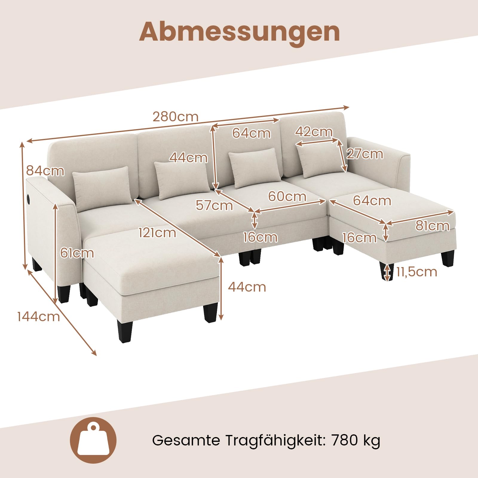 COSTWAY Sofa narożna 280 cm z 2 podnóżkami i 4 poduszkami, modułowa sofa z funkcją spania, sofa narożna w kształcie litery U z portami ładowania USB i portem ładowania typu C, 4-osobowa sofa do salonu