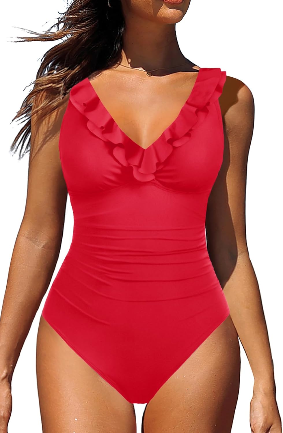 Holipick Women One Piece Swimsuits Tummy Control Bathing Suit Ruffle V Neck Swimwear Slimming Monokini - Image 2