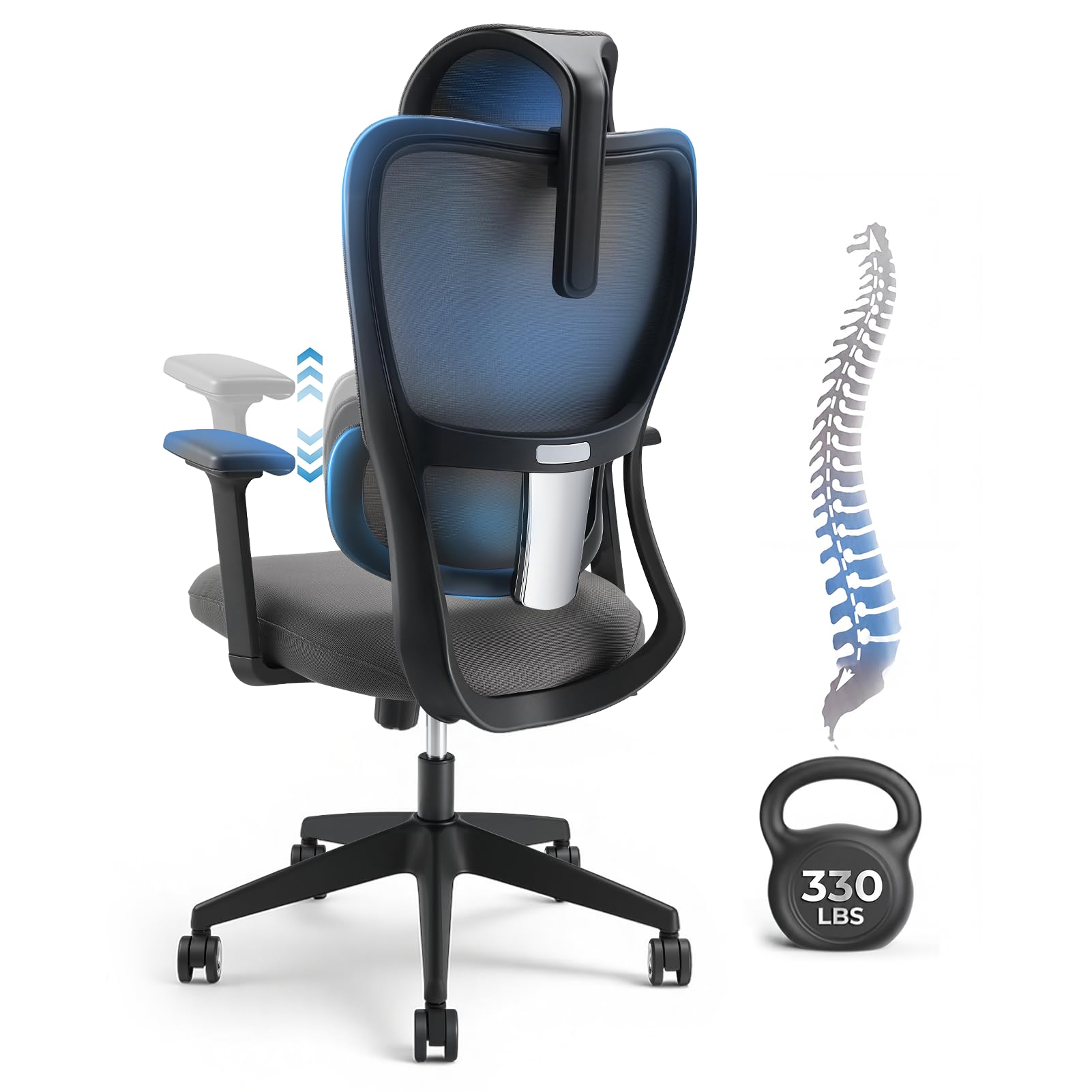 Warmiehomy Ergonomic Mesh Office Chair, 155° Tilt Lock Comfy Office Chair with Adjustable Lumbar Support & 4D Armrests, Breathable Computer Chairs & Gaming Chair for Adults Home Office, Black