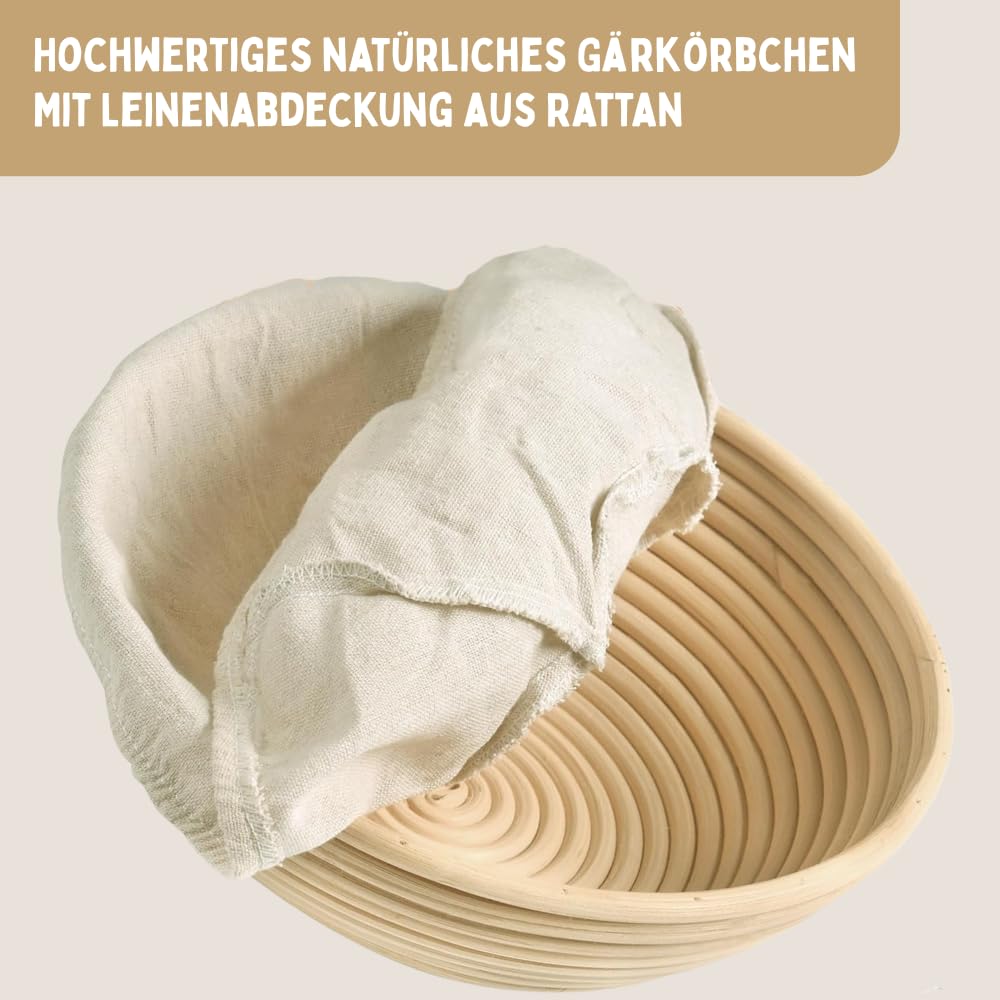 Dampfschüssel Brotback-Starter Set mit Dampfschüssel mit Lavasteinen, Gärkörbchen aus 100% natürlichen Rattan, Bäckermesser, Teigrührer und Teigkarte