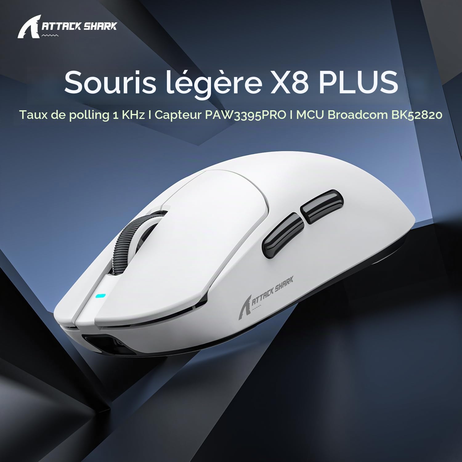 MAMBASNAKE Attack Shark X8PLUS Souris de Jeu sans Fil, Capteur PixArt PAW3395PRO, 40000 DPI, Bluetooth/2,4GHz sans Fil/Filaire, Ultra-légère 55g, Pieds en PTFE Double Couche, pour PC/Xbox/Mac (Blanc)