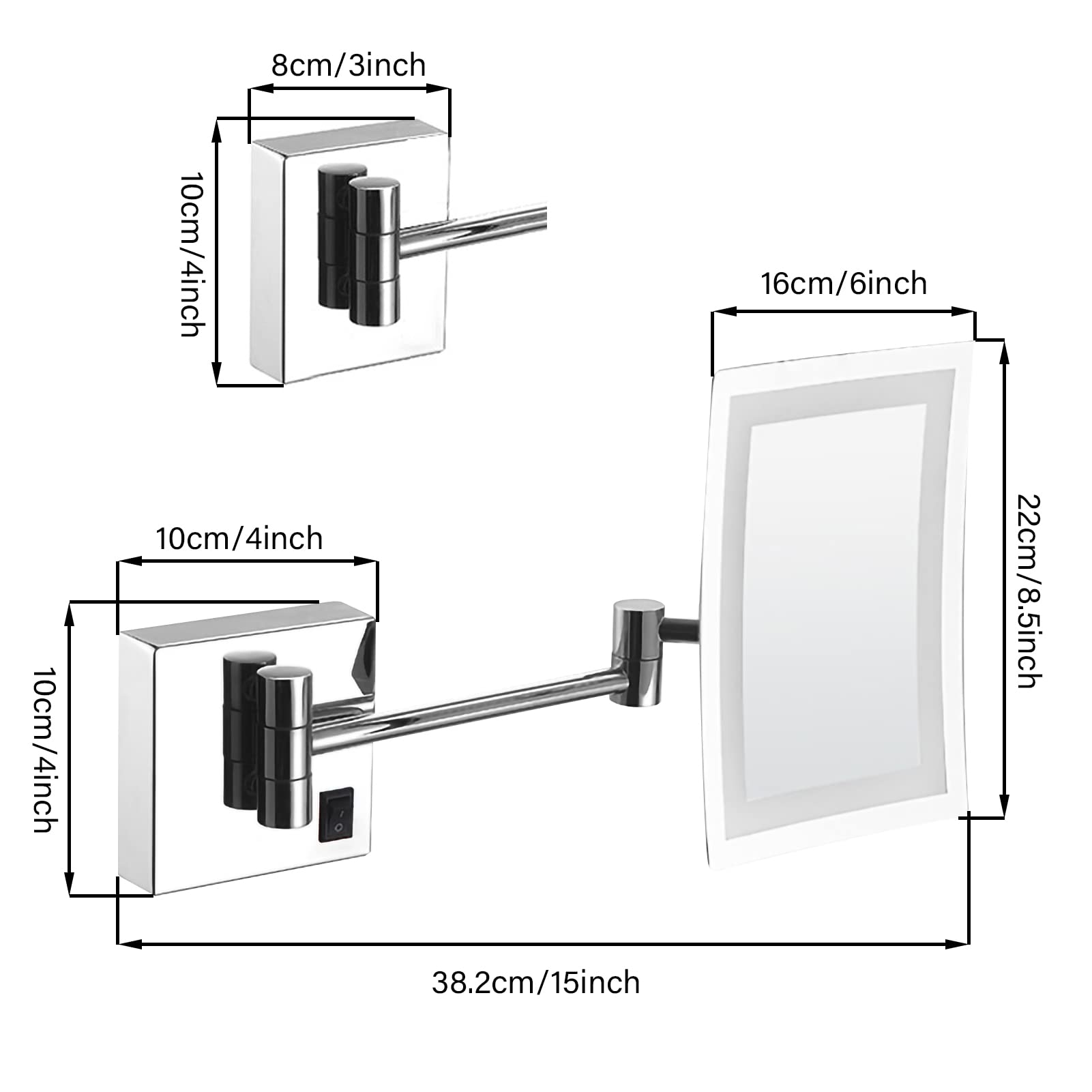 Miroir de Courtoisie Carré Extensible Mural, Pliant Miroirs de Maquillage avec Bras Extensible, Miroir de Rasage de Salle de Bain avec LED et Grossissement 3x (Rectangular Bottom Silver Plug)