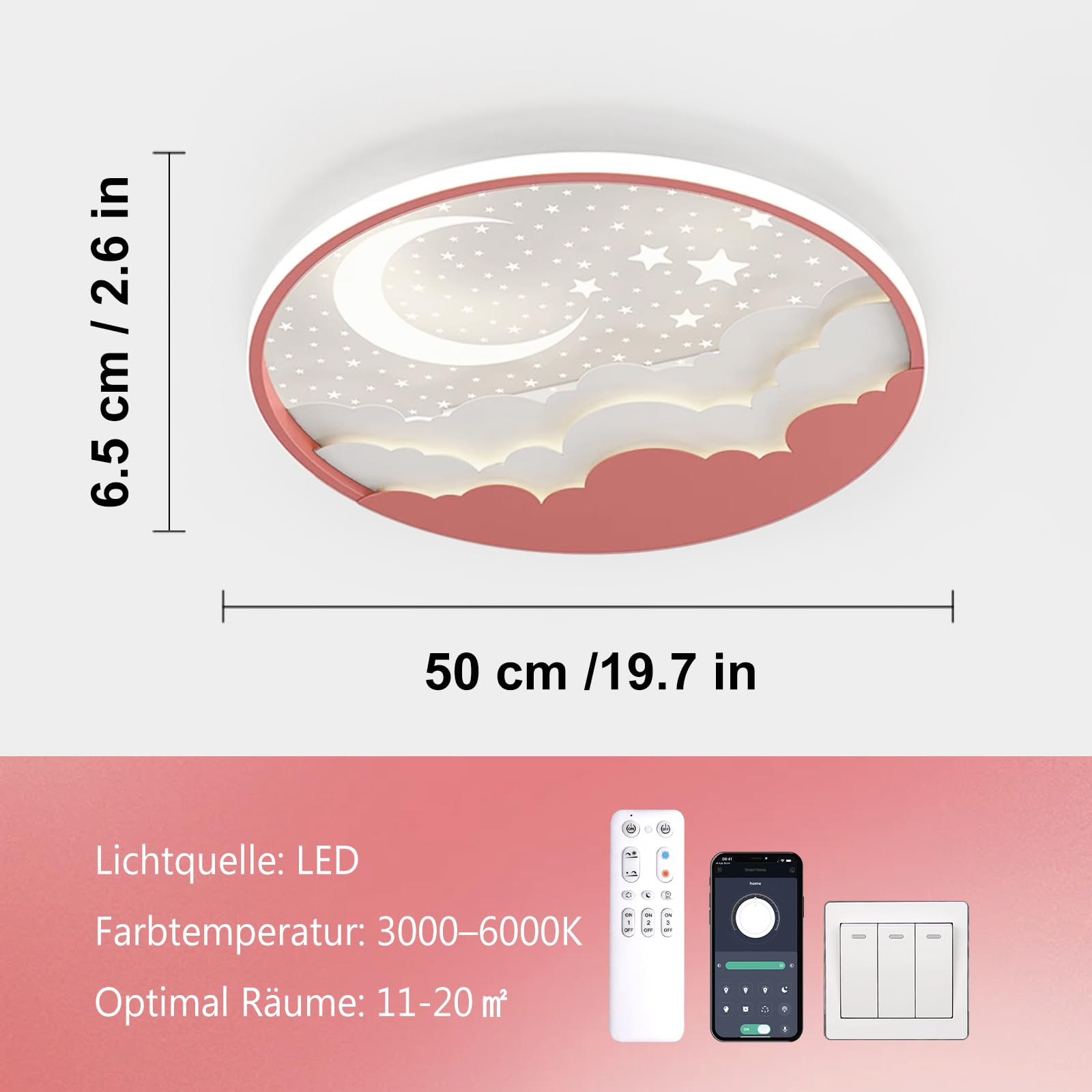 YZBEIMDAI Lampada da soffitto a LED per bambini, 50cm Stella Luna Plafoniera Cameretta Bambini Dimmerabile con Telecomando APP, 3000-6000K, Per Ragazzi Ragazze Cameretta
