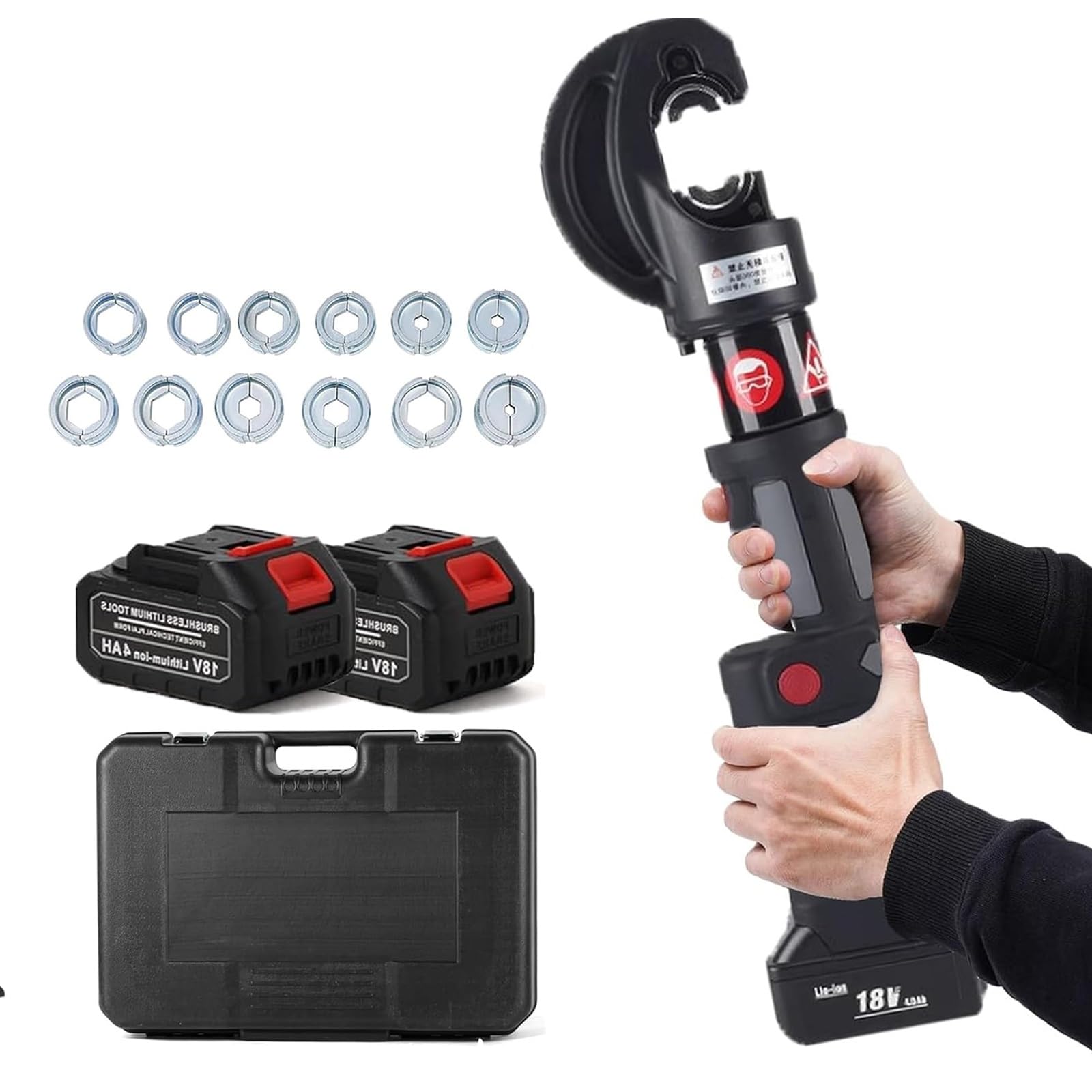 Crimpatrice elettrica per terminali e guaine termorestringenti; kit da 120 kN con 12 matrici per connettori preisolati, tubolari e non isolati (6-400 mm²)