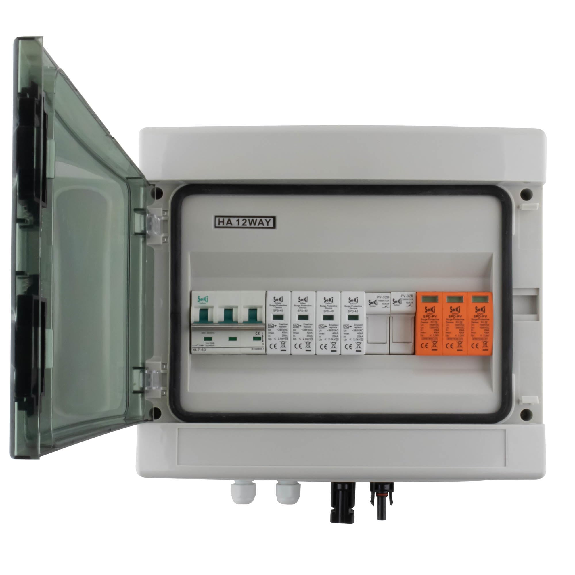 SeKi AC/DC 1 łańcuch 3P DC, 4P AC T2 skrzynka przyłączeniowa solarna ochrona przed przepięciem/ochrona odgromowa 32 A 1000 V; obudowa natynkowa IP65 12 modułów; fotowoltaika PV