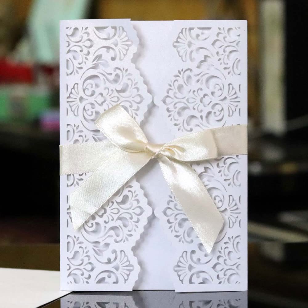 Delikatna romantyczna karta z zaproszeniem na przy Opakowanie 50 sztuk, zestaw czystego papieru do druku i kopert na wesela, przyjęcia urodzinowe i przyjęcia(White,Personalized Printed)
