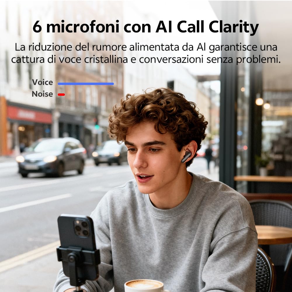 QCY MeloBuds N60 Cuffie bluetooth cancellazione rumore Attiva, Auricolari bluetooth 6.0 con Hi-Res Audio LDAC, Suono 3X più Puro, 45 ore, Comfort In-ear, Chiamate Chiare con 6 Mics, Ricarica Rapida