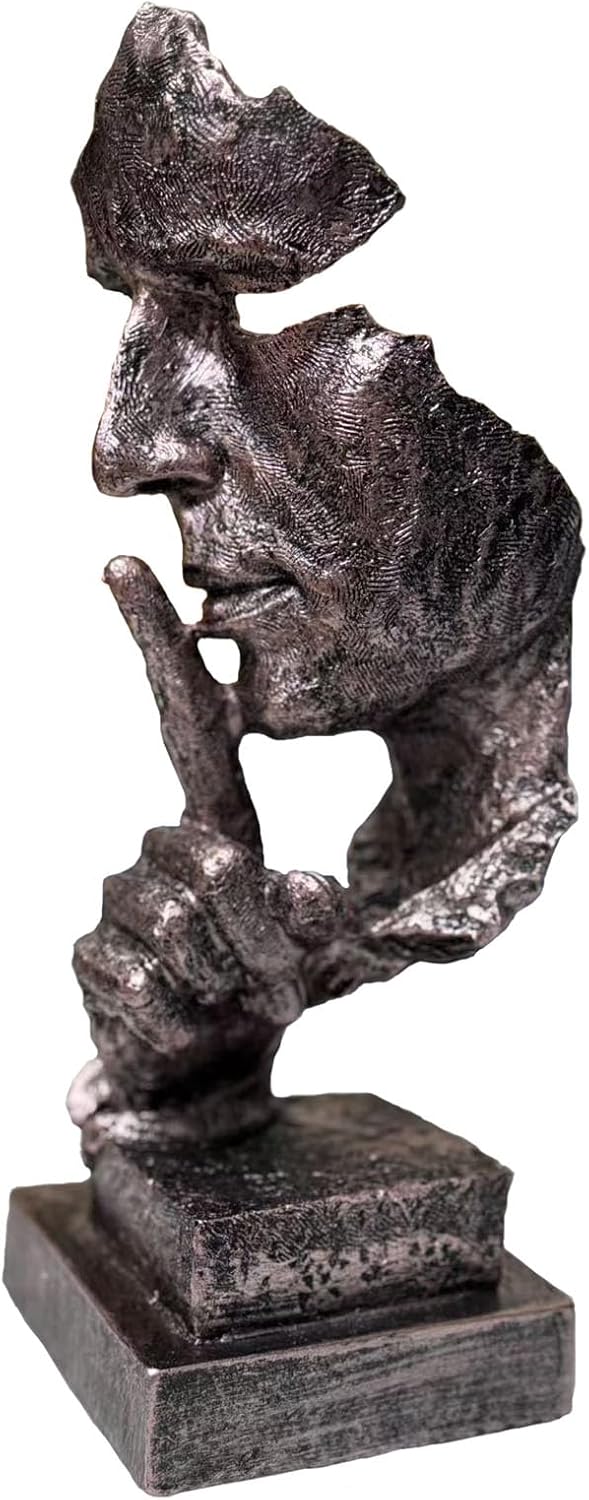 Silence is a Golden Statue Modern Mens Creative Office Home Room Decorations Sculpture Friends Bookshelf Decorative 4.7 x 4.3 x 13.18in(Silver) Modern Home Décor