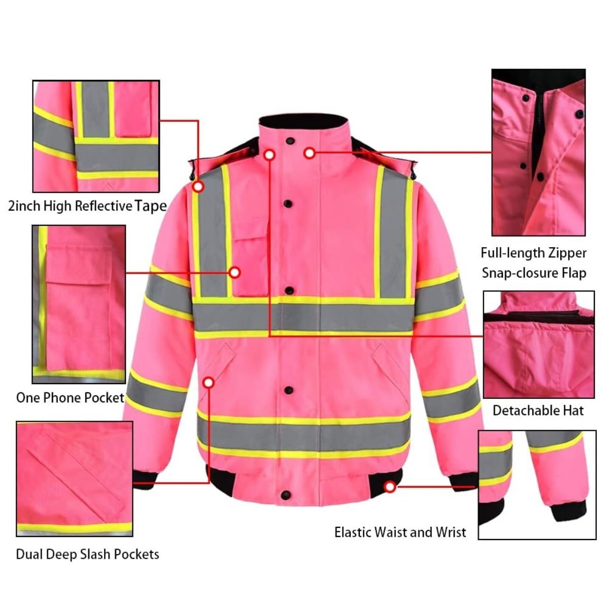 Chaleco Seguridad Chaqueta Acolchada For Hombre con Cinta Reflectante Y Cremallera Completa con Capucha Extraíble Reflectante Seguridad(XL)