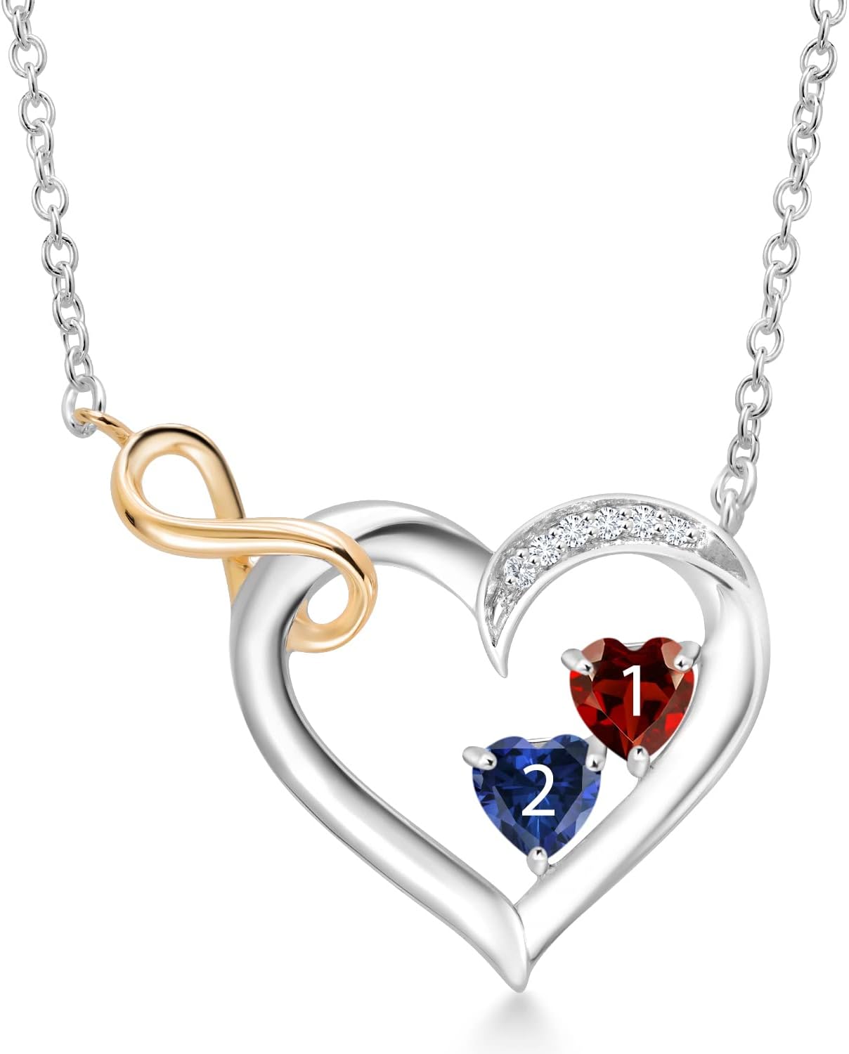 Gem Stone King Customized and Personalized 2 Heart Shape Gemstone Birthstone and Lab Grown Diamond 925 Sterling Silver and 10K Yellow Gold Infinity Heart Pendant Necklace For Women
