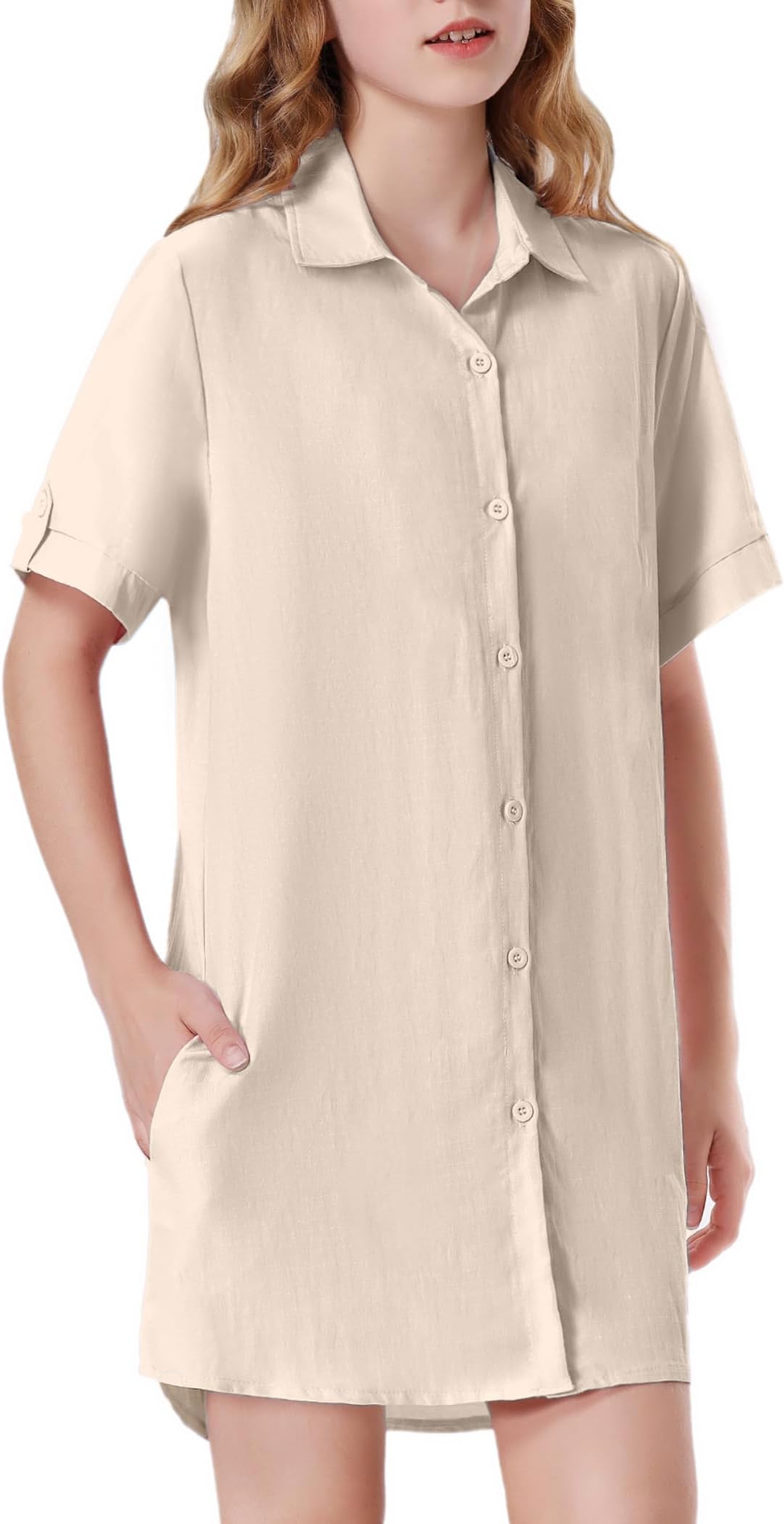 MebiusGirls Button Down Shirt Dress with Side Pockets Short Sleeve Linen Loose Casual Tunic Blouse Top 6-12Y