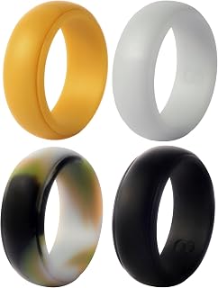 Men's Silicone Rings Size 8-4 Pack Wedding Band for Active Men | Black Silver Camo Gold | Comfortable Durable Gym Workout Rubber Ring | Alternative to Metal Bands