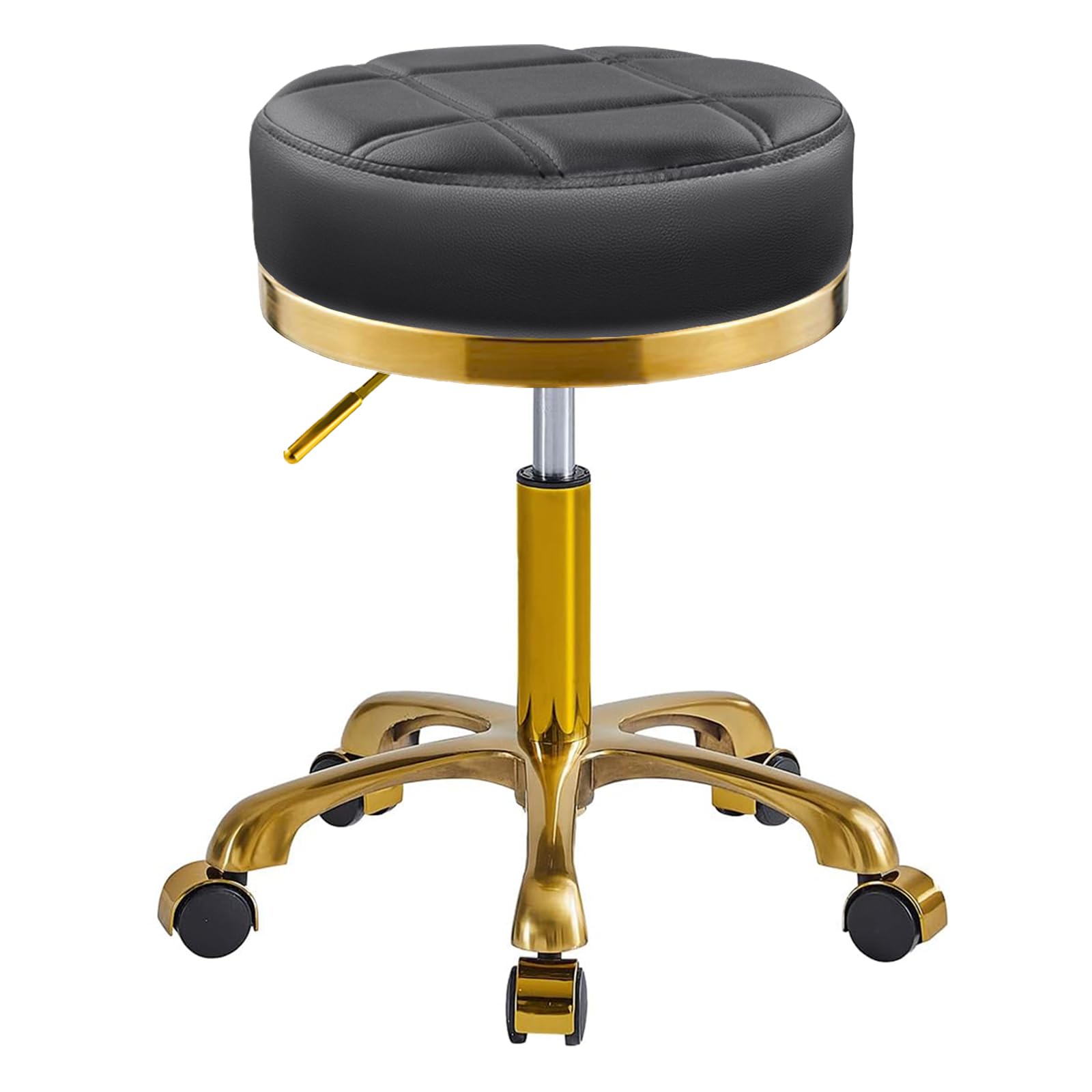 Sgabello con Ruote Oro Rotondo Girevole Sedia, Regolabile 45-58 cm, Comodo PU Similpelle Sgabelli per Trucco, Ufficio, Estetista, Capacità Carico 400 Libbra (Nero, Senza Schienale)