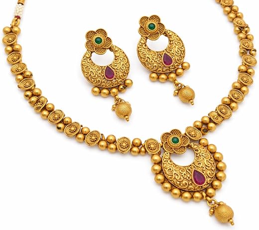 LATHAR Jewellery Antique Gold Plated Temple Necklace Set with Earrings for Women | Traditional Ethnic Bridal Jewellery | M...