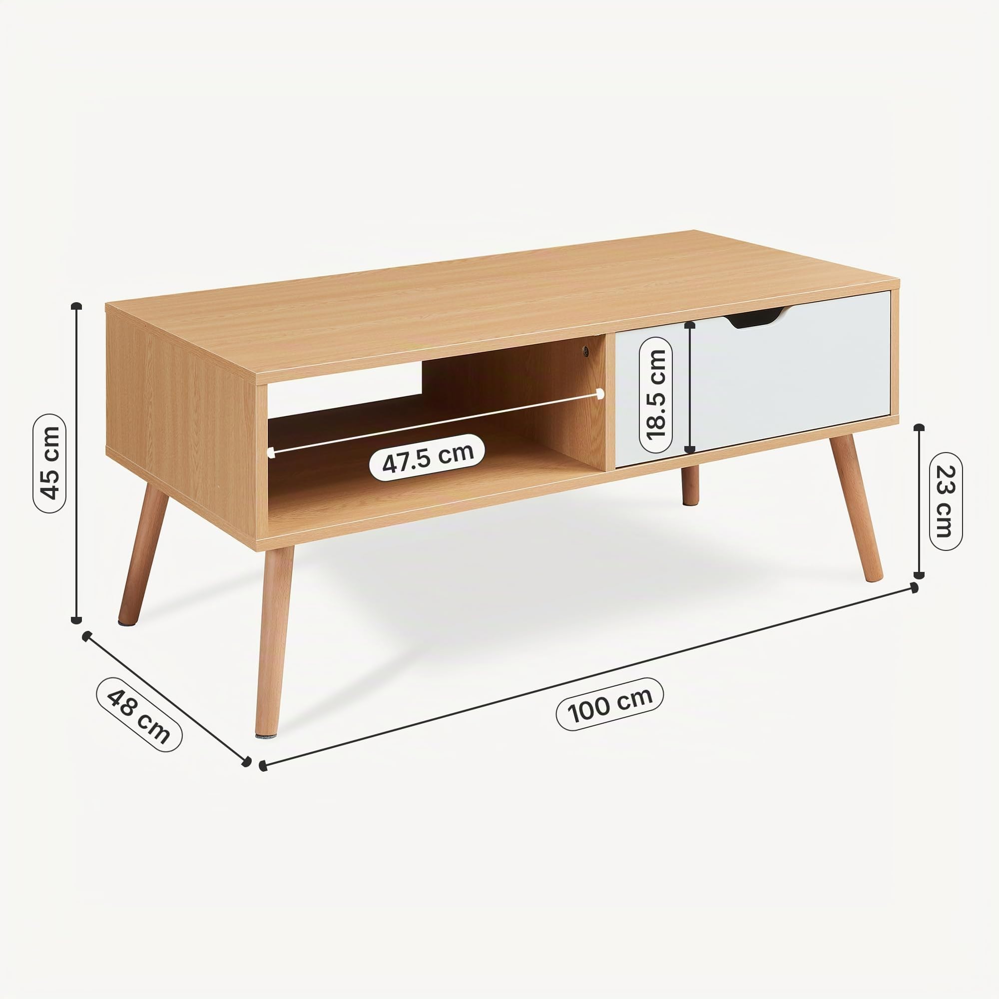[en.casa] Tavolino Rettangolare da Salotto con Cassetto Tavolo Basso Centrale da Caffè con Vano Portaoggetti 100 x 48 x 45 cm per Soggiorno Sala d'Attesa - Effetto Rovere/Bianco