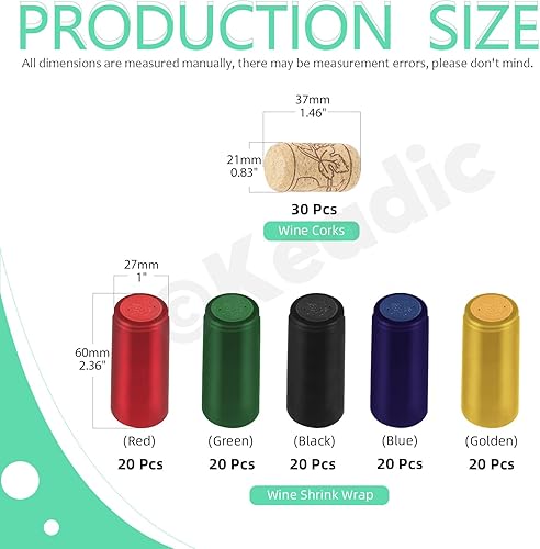 Miniatura 2 de Keadic 130 cápsulas termorretráctiles de PVC con corchos de vino en forma de T, negrorojodoradoplateadoazul, tapas para hacer bodegas y uso doméstico