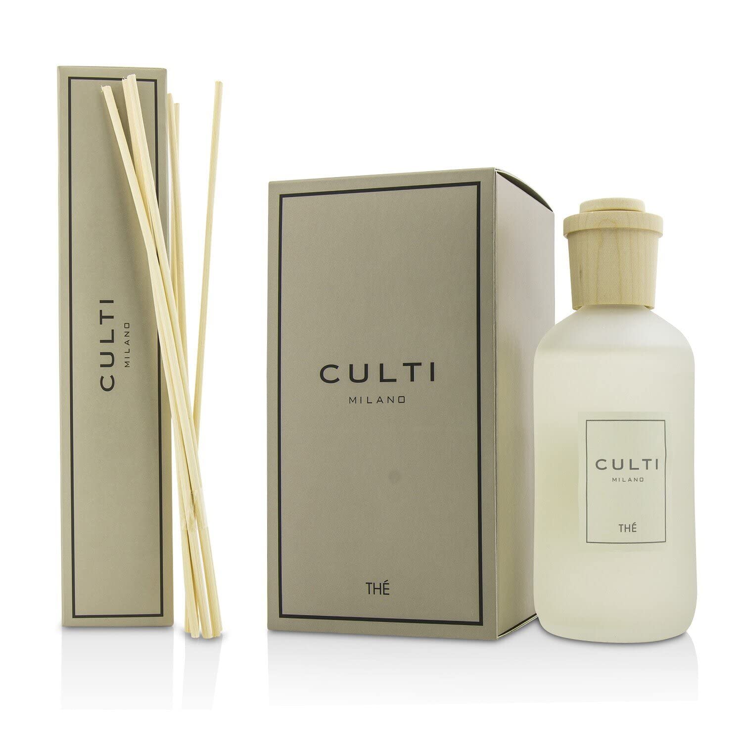 Culti Diffusor für Stäbchen im Stil, 250 ml, Milano-Duft, The-, Sencha- und Gayac-Holz, Brenndauer 3 Monate, Meterware von 10 bis 20 m²