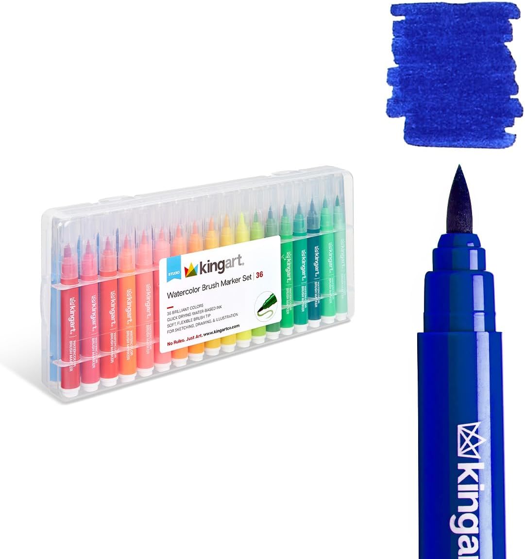 KINGART Brush Tip Watercolor Illustration Markers with Case, 36 Colors, Wide Barrel for Easy Hold, Water-based Non-Toxic Ink, Soft Flexible Tip for Graphic, Sketch, Comic Art, Manga & Lettering