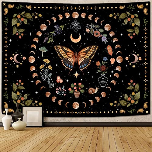 Aipon Tapeçaria de flor e lua borboleta amarela planta floral botânica tapeçaria boho para quarto ta