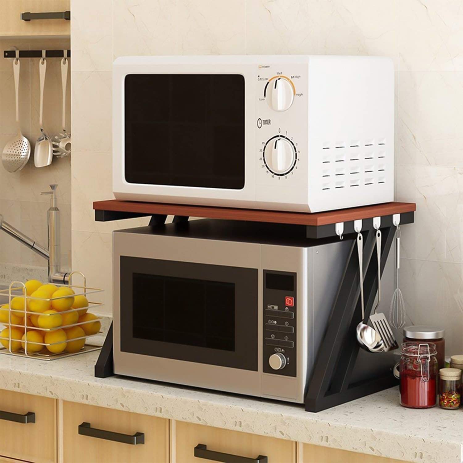 REMANENCE Z Series 2-Layer Microwave Stand, Kitchen Platform Oven Stand Rack, Toaster Organizer with Storage Shelf Metal and Wood | Stand For Microwave (Walnut Brown with Black Frame)-image-32