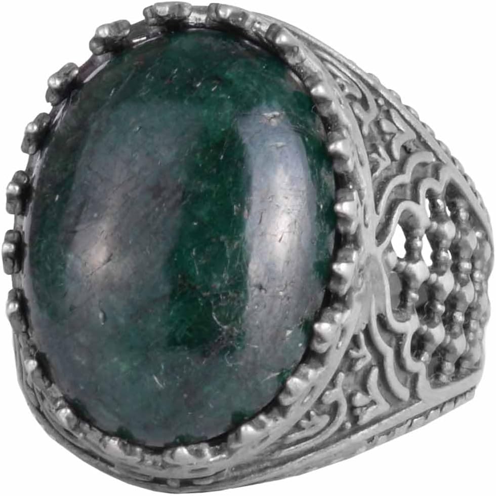KAMBO 925 Sterling Silver Men’s Ring – Natural Emerald Gemstone – Classic Ottoman Style with Filigree Engraving – Handmade Traditional Jewelry