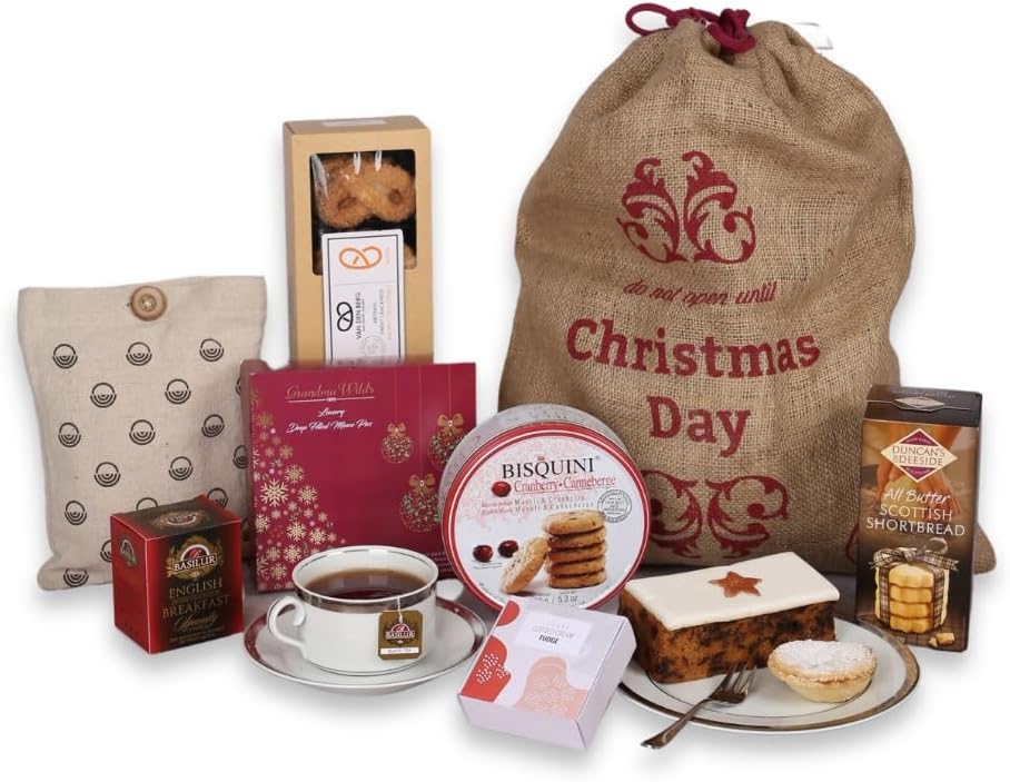 Sponsored Ad – Afternoon Tea Hamper with Santa Sack, Shortbread Biscuits, Mince Pies, Fruit Cake & More - Couples Christmas Gifts, Festive Treats, Christmas Hampers & Gourmet Gifts for Men or Women - by Hay Hampers