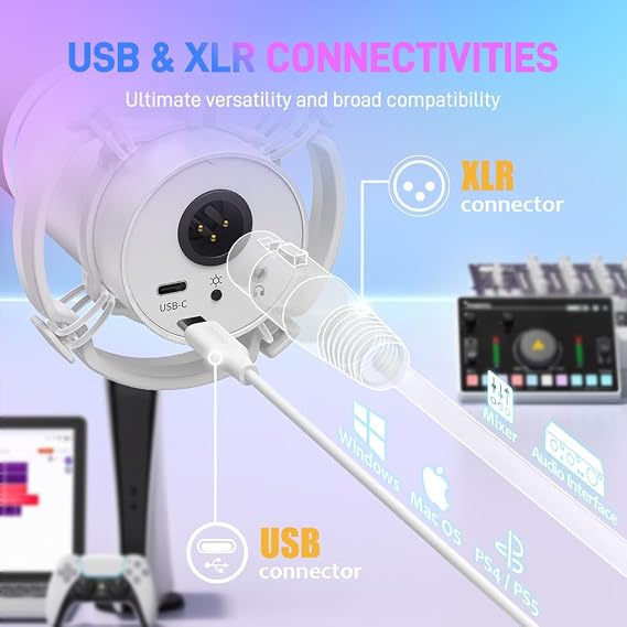 MAONO XLR/USB Dinamik Mikrofon, Yazılımlı RGB Oyun Mikrofonu, Sessiz, Kazanç Düğmesi, Ses Kontrolü ve Akış, Podcasting, Kayıt için Kulaklık Jakı-PD200X (Beyaz)
