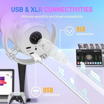 MAONO XLR/USB Dinamik Mikrofon, Yazılımlı RGB Oyun Mikrofonu, Sessiz, Kazanç Düğmesi, Ses Kontrolü ve Akış, Podcasting, Kayıt için Kulaklık Jakı-PD200X (Beyaz)