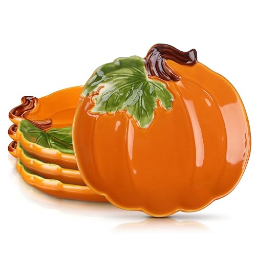 FillTouch 4 Pcs 5.91'' Ceramic Pumpkin Plates Thanksgiving Fall Platters