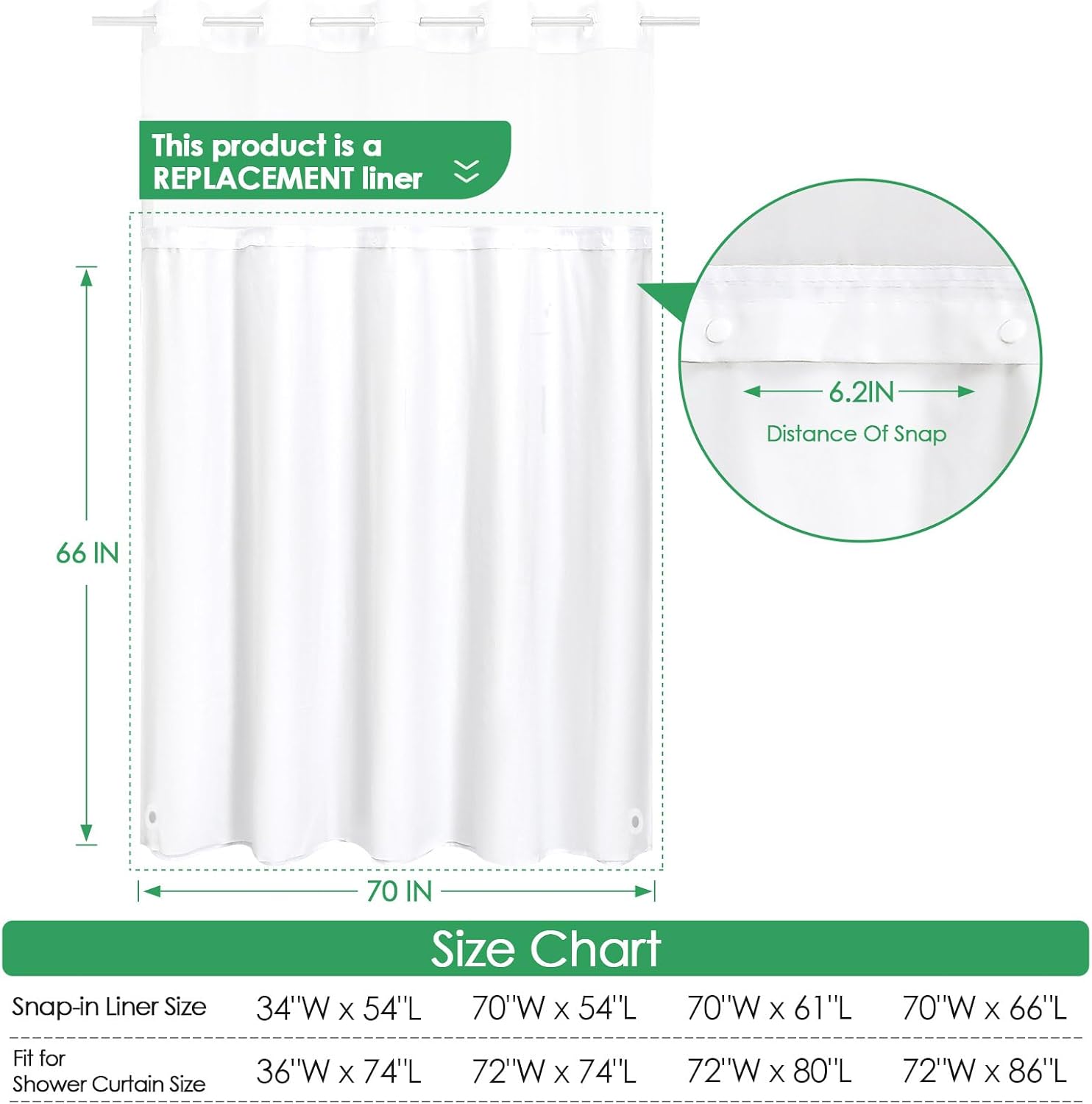 Gibelle White Snap in Shower Curtain Liner, Compatible with No Hook Shower Curtain with Mesh Window Top, Easy Removable, Water-Repellent, Machine Washable, PEVA Lightweight, 70x66 Inch 1 Pack image 2