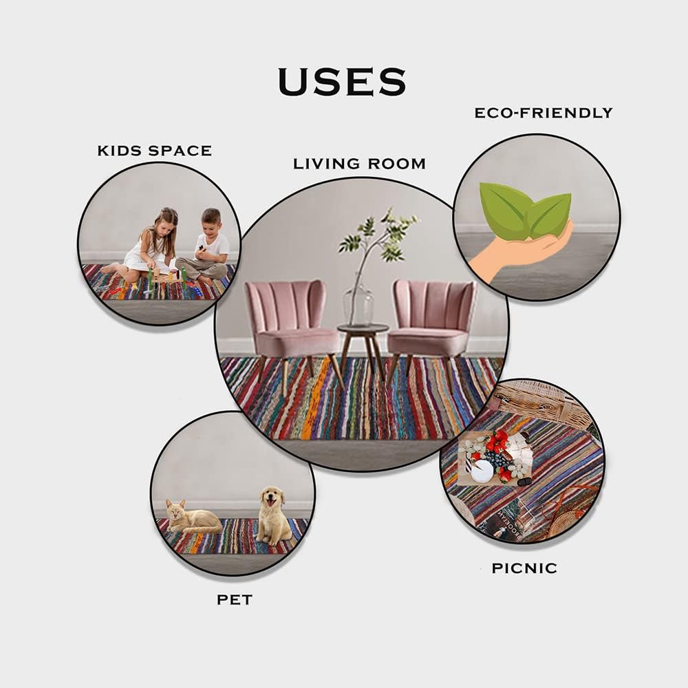 Chindi Cotton Rag Rugs 100% Eco-Friendly, 2-in-1 Reversible Multipurpose, Multicolor Hand-Woven Traditional Rugs (5ft X 3ft) for Living Room & Kitchen - White - Image 4