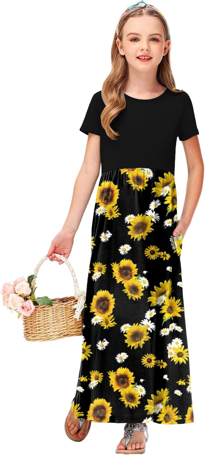 Deerose Girls Maxi Dresses Holiday Long Dress Short Sleeve with Pockets 5-14 Years - Image 4